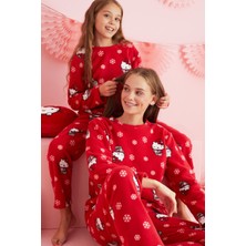 Siyah İnci Hello Kitty Lisanslı Polar Kırmızı Çok Renkli Bisklet Yaka Pijama Takım HK324
