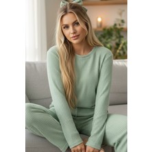 Siyah İnci Yeşil Bisiklet Yaka Yumuşak Kışlık Waffle Örme Pijama Takım