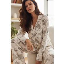 Siyah İnci Ekru Kaplan Desenli Yumuşak Tuşe Kışlık Fitilli Düğmeli Pamuklu Örme Pijama Takım 7980