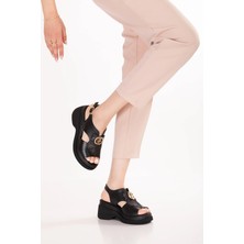 Gondol Hakiki Deri Platform Taban Sandalet PKR.64027 Siyah