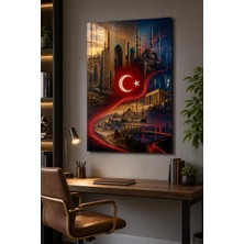 Türkiye Temalı Baskılı Cam Tablo – Türk Bayrağı ve Tarihi Mimari Duvar Dekoru
