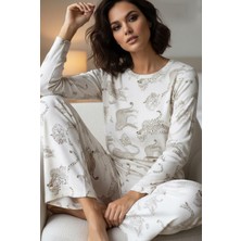 Siyah İnci Ekru Kaplan Leopar Desenli Yumuşak Tuşe Kışlık Fitilli Pamuklu Örme Pijama Takım 7956