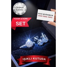 Carat Stone Işıklı Kutuda 1.20 Carat Kadın Gümüş Yüzük ve Küpe Seti