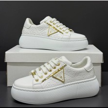 Evlium Guess Kadın Beyaz Kabartma Yüksek Taban Sneaker Ayakkabı - Gold Detaylı Günlük Spor Ayakkabı
