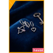 Havor 3'lü Set Küpe Gümüş Renk Eros Yay Detaylı Pirinç
