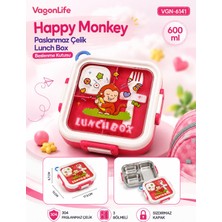 Vagonlife Happy Monkey VGN-6141 Pembe 600 ml Tek Katlı 3 Bölmeli Paslanmaz Çelik Lunch Box