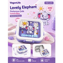 Vagonlife Lovely Elephant VGN-6141 Lila 600 ml Tek Katlı 3 Bölmeli Paslanmaz Çelik Lunch Box
