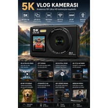 TeknolojiSA 5k Ultra Hd Dijital Kamera 80 Mp Otomatik Odaklama 18X Dijital Zoom Çift Ekran Wi-Fi Vlog Kamerası
