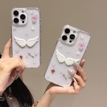 3D Melek Kanatlı Çiçekli Şeffaf Simli iPhone 15 Plus / 14 Plus Uyumlu Kılıf – Kamera Korumalı, Darbe Emici Silikon