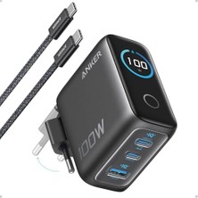 Şarj Cihazı, 100W Maksimum Güç, Kompakt, 3 Bağlantı Noktalı, Gan Usb-C Şarj Bloğu, Akıllı Ekran ve Dokunmatik Kontrol, Siyah - B121B