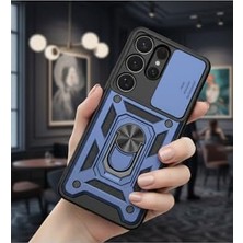-  S26 Ultra ile Uyumlu Galaxy Için Sürgülü Korumalı Yüzüklü Standlı Magnetic Tpu Tank Kapak - Lacivert