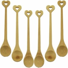 Ahşap Bambu Çay Kaşığı Seti, 6 Parça, Yuvarlak ve Kalp Figür Saplı