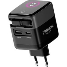 Xenon Smart Hızlı Şarj Adaptörü | 70W Gan Usb-C & Usb-A Dahili Type-C Kablo Pd Pps Dijital Ekran X6413