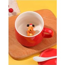 3D Yavru Geyik Biblolu Kırmızı Porselen Kupa - 350ML | Şık ve Eğlenceli Tasarım,kırmızı