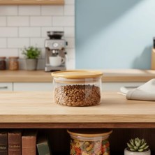 Doğal Bambu Kapaklı Borosilikat Cam Saklama Kabı - 300 ml Vakumlu Yuvarlak Baharatlık, Çay ve Kahve Kavanozu
