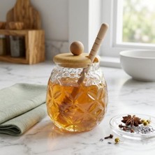 Bambu Kapaklı Cam Bal Kavanozu – 350ML | Kaşıklı & Şık Sunum Kavanozu | Doğal Ahşap Kapaklı Cam Bal Saklama Kabı