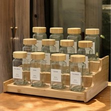 12’li Bambu Kapaklı Kare Formlu Cam Baharatlık Seti 120 ml / 16 Adet Etiket Hediye