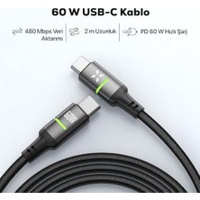 Xenon Smart Type C Hızlı Şarj Kablosu | Type-C To Type-C 60W 480 Mpbs 2m Pd Örgü LED Göstergeli X6422