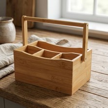 4 Bölmeli Bambu Kaşıklık ve Organizer - Tezgah Üstü Çatal Bıçak Düzenleyici Taşıma Kulplu Servis Standı (23 x 16 x 12 Cm)