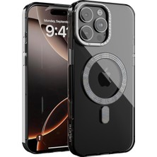 iPhone 15 ile Uyumlu Şeffaf Taşlı Mag-Safe Kılıf – Sert Mika Sararmaz Kılıf, N52 Güçlü Mıknatıs, Bağımsız Tuşlar, Lüks Kristal Tasarım (Siyah Şeffaf, iPhone 15)
