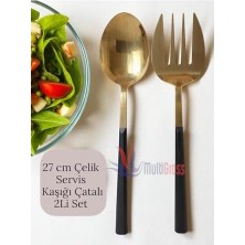 Büyük Boy Çelik Servis Kaşığı Servis Çatalı 27 cm 2li Set, Altın