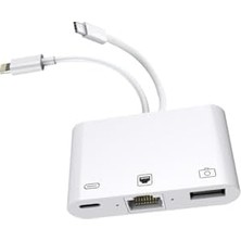 3 In1 Şarj Adaptörü Lightning Type-C Girişini Kamera Fotoğraf Makinesi Lan Ethernet Girişine Çevirici Dönüştürücü Tip-C RJ45 Girişli Iphone ile Uyumlu ZR814
