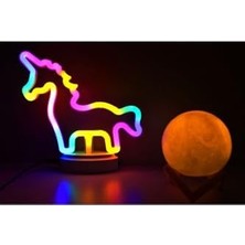 Sevimli Renkli Neon Unicorn ve 3D Küre Stantlı, Pil + Kablo'lu Gece Lambası Çocuk Odası Festival Parti Dekorasyon