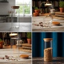 Doğal Akasya Ahşap Kapaklı Borosilikat Cam Kavanoz - 350 ml Vakumlu Yuvarlak Baharatlık, Çay ve Kahve Saklama Kabı