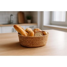 El Yapımı Hasır Ekmek Sepeti, Yıkanabilir Bez Astarlı Çok Amaçlı Oval Sunum ve Dekoratif Saklama Sepeti, Ekmeklik (22X16X8 Cm)