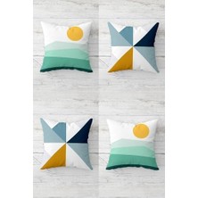 Güneş ve Geometrik Renk Bloklu Gizli Fermuarlı Kırlent Kılıfı Koltuk Yastık Kılıfı TAKIM(4ADET), Yeşil-Sarı 45 x 45