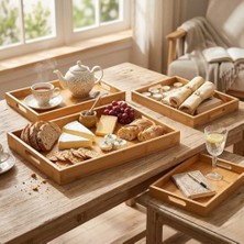 Bambu Servis Tepsisi Seti, Doğal Ahşap, 3'lü Set, Küçük-Orta-Büyük, Kahvaltı ve Sunum Için