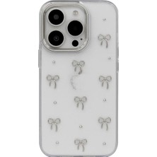 iPhone 16 Uyumlu Kılıf Fiyonk Desenli Şeffaf Simli Gümüş Kamera Çıkıntılı Çok Şık Kapak (IPHONE_16_PRO)