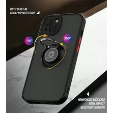 & Aksesuar iPhone 15 ile Uyumlu Arka Kısmı Mat Şeffaf Yapıya Sahip Manyetik Yüzük Stantlı Kenarları Silikon Tpu Malzemeden Üretilmiş Renkli Tuşlara Kamera Korumalı Transparan Kılıf (Kırmızı)