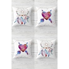 Kalp ve Dream Catcher Desenli Gizli Fermuarlı Kırlent Kılıfı Koltuk Yastık Kılıfı TAKIM(4ADET), Mor-Pembe-Beyaz 45 x 45