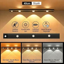 Akasya Sensörlü Şarjlı Kabin Altı LED Aydınlatma, Heroled 40CM Ultra Slim Siyah, 3 Farklı Işık Rengi (Gün Işığı/ılık Beyaz/beyaz), Kademesiz Dimmerli, Mıknatıslı, Mutfak, Gardırop, Gece Lambası