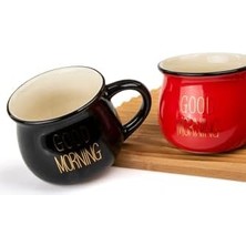 2'li Emaye Görünümlü Renkli Porselen Kupa Seti Good Morning Gold Yazılı 250 Ml,siyah & Kırmızı