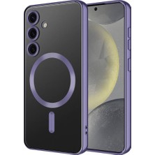 S24 Kılıf Kamera Lens Korumalı Kablosuz Şarj Destekli Arkası Şeffaf Parlak Kenarlı Kapak Esnek Silikon Ince Kılıf S24 Lensli (Mor)
