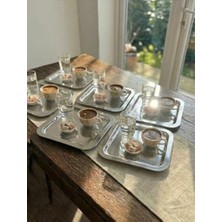 6'lı Lüks Paslanmaz Çelik Kare Sunum Tepsisi Seti - Gold ve Gümüş Seçenekli-Kahve Yanı Ikramlık, Lokumluk, Dekoratif Takı Tabağı ve Bardak Altlığı (Gümüş)