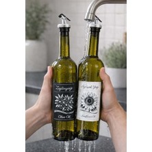 Zeytinyağı ve Ayçiçek Yağı Şişesi Seti, Beyaz Etiket ve Yağdanlık Aparatlı, Korumalı Ahşap Standlı 750 Ml, 2 Adet, Yeşil Cam Şişe (Korumalı Standlı, Gri)