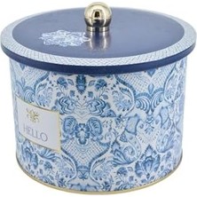 Evle-Azulejos Desenli Yuvarlak Metal Saklama Kabı 14 Cm, Erzak Kabı - Organizer Kutu 17,5 cm x 13 cm (Azulejos Hello)
