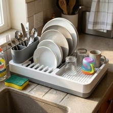 Tezgah Üstü Bulaşık Kurutmalık, Çok Bölmeli Tabak ve Bardak Düzenleyici, Kaşıklıklı Mutfak Organizer 42 cm