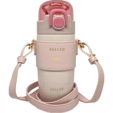 Diller 360ML Moda Deri Kılıflı Pipetli Askılı Pastel Renkli Paslanmaz Çelik Termos Matara (Pembe)