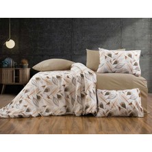 Lüks%80 Pamuklu Çift Kişilik Nevresim Takımı Seti Yorgan Kılıfı Krem Yaprak Desen 200X220 cm + Lastikli Battal Boy Çarşaf 180X200X30 cm +2 Yastık Kılıflı 50X70 cm