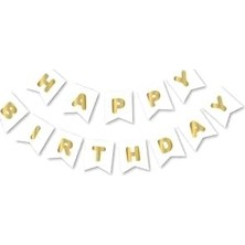 Beyaz Gold Happy Yaldızlı Banner Flama, 97658657634786854