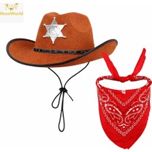 Nacario Mey Ithalat® Çocuk Kovboy Şapka Rozetli Kahverengi &amp; Kırmızı Bandana Seti