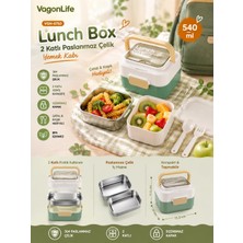 Vagonlife VGN-6750 Yeşil 540 ml Çatal Kaşıklı 2 Katlı Paslanmaz Çelik Yemek Kabı (Lunch Box)