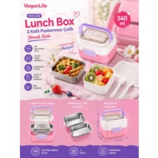 Vagonlife VGN-6750 Pembe 540 ml Çatal Kaşıklı 2 Katlı Paslanmaz Çelik Yemek Kabı (Lunch Box)