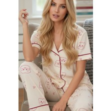 Siyah İnci Krem Vişne Ayıcık Desenli Kısa Kollu Düğmeli Biyeli Pijama TAKIM7856