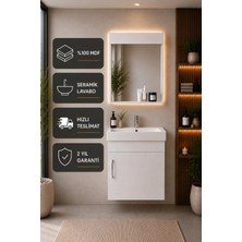 Luzia 50 cm Banyo Dolabı Seti ( %100 Mdf + Seramik Lavabolu + Aynalı Dolap ) Beyaz Renk