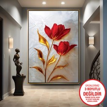 Emya Home Gold Metal Çerçeveli Kabartma Görünümlü Kırmızı Lale Kanvas Tablo